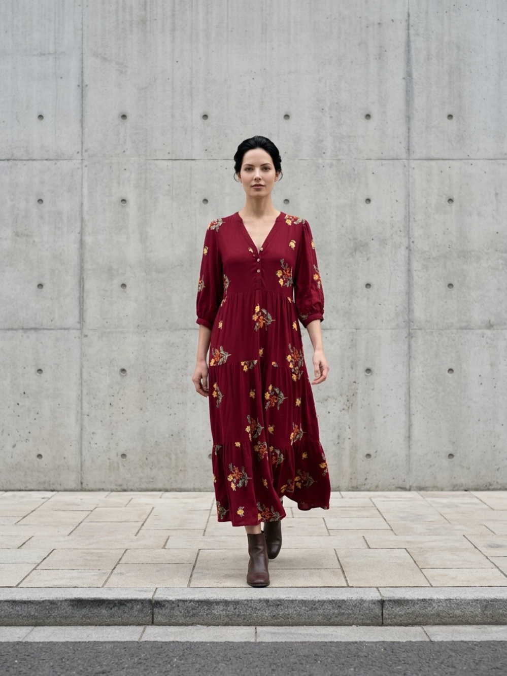 Anthropologie Cactus + Pearl Floral Button-Front Burgundy Maxi Dress